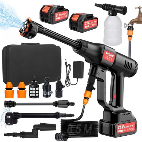 Nettoyeur Haute Pression sans Fil, Nettoyeur Haute Pression sur Batterie Portable 60 Bars avec 2 Batteries 4,0Ah (IPX7), Tuyau de 8.5M, 6-en-1 Buse, Rotative Buse, 3 Niveaux Réglables (1/5)