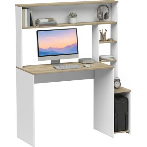 Bureau d'ordinateur 114x45x138 cm, meuble de travail avec étagères ouvertes et niche CPU, finition blanc et bois clair, rangement intégré pour espace bureau moderne. (1/5)