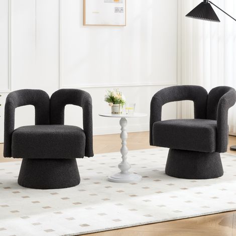 Drehbarer Sessel 360° aus Bouclé in Dunkelgrau, Polstersessel mit Armlehnen, 67 x 55 x 74 cm (1/5)