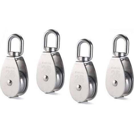 Bloc de poulie simple M25, rouleau de poulie en acier inoxydable 304, crochet pivotant de grue, câble métallique lisse, charge 331 lb/150 kg, 4 pièces