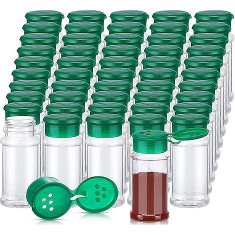 Lot de 50 pots à épices en plastique avec couvercles saupoudreurs, contenants à épices, flacons à épices en plastique, pots saupoudreurs d'assaisonnement, 100 ml (3,3 oz), vert (1/5)