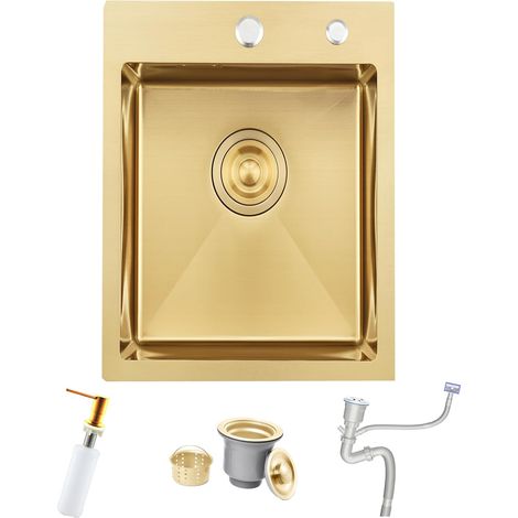 Evier Cuisine 1 Bac 35x45 cm, Petit Evier de Cuisine sous Plan/sur Plan avec 2 Trous de Robinet, Ensemble de Vidange et de Trop-Plein, y Compris Siphon, Installation Flexible, Or Brossé (1/5)