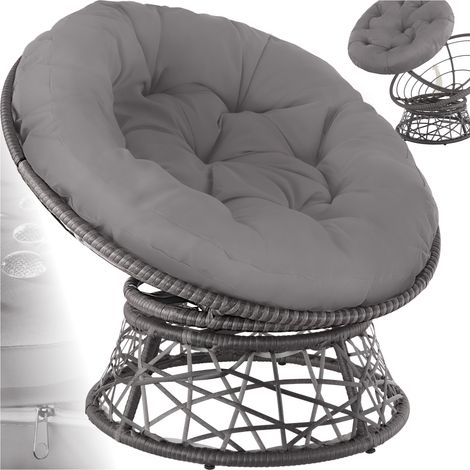 Fauteuil papasan en résine tressée acier rotatif coussin rond gris