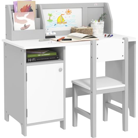 Ensemble table et chaise en bois pour enfants de 5 ans et plus, comprenant un bureau et une chaise d'écolier, coloris blanc et gris. (1/5)