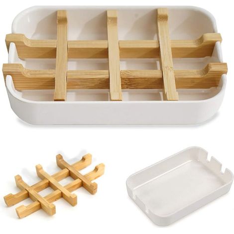 Porte Savon en Bambou Bois, Naturel Bamboo Wood Soap Dish Holder Soap Saver Box pour Shower, Carre Artisanal Porte Boîte Panier Savon Solide Main pour Douche Lavabo Cuisine Evier (Blanc) (1/5)