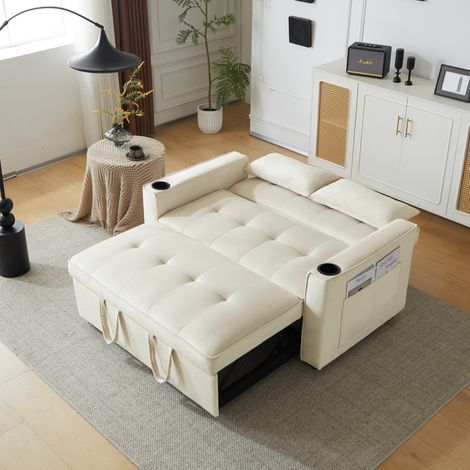 Schlafsofa 137x76.5x83 cm Beige Samt mit Schlaffunktion, Getränkehaltern und verstellbarer Rückenlehne (1/5)