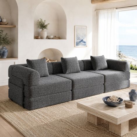 Divano letto 2 in 1 in ciniglia con vano nel bracciolo, 3 telai in metallo, grigio HAVRYA (1/5)