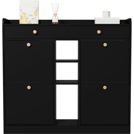 Mobile porta scarpe, armadio con 4 ante a ribalta, 2 cassetti e 3 ripiani aperti, stile moderno, adatto per ingresso e corridoio, semplice e pratico, 110 × 26 × 100 cm, nero (1/5)