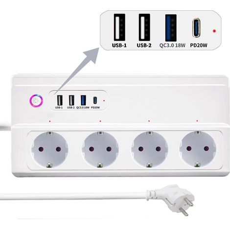 Zigbee Smart Power Strip Parasurtenseur Type C 16A Zigbee 3.0 Multiprise Intelligente avec 4 Sorties AC indépendantes et 4 Ports USB, Multiprise Connectée Compatible with Home (1/5)