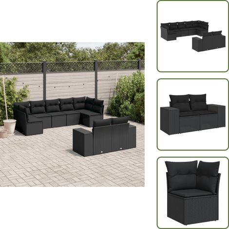 9-tlg. Garten-Sofagarnitur mit Kissen Schwarz Poly Rattan - Gartengestelle - Gartenmöbelset - Outdoor Möbel - Lounge Set - Rattan Gartenmöbel (1/5)