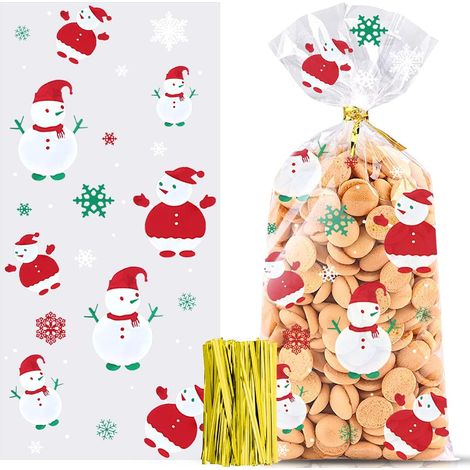 100 piezas Sacs à Bonbons Noël, Sacs à Biscuits, Sacs de Cellophane Noël, Sachets de Bonbons Friandises Cellophane Transparents Cadeaux Pochette avec Cravates Torsadées pour Les (bonhomme de neige) (1/5)