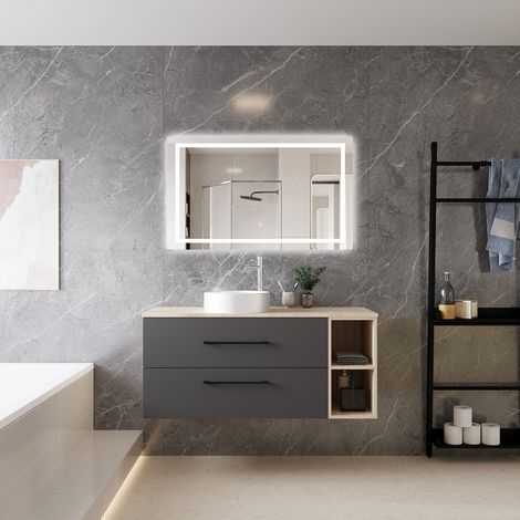 Ocean Ensemble Meuble Salle de Bain Suspendu avec Lavabo, 120X46X52cm, avec miroir led