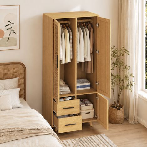 Armoire de chambre 80×52×166cm,3 portes et 2 tiroirs,armoire de rangement avec penderie,armoire en rotin,multifonctionnelle,grande capacité,anti-basculement,style moderne,Bois,Chêne