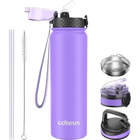 Thermosflasche 1L Strohhalm Edelstahl Auslaufsicher 1000 ml Violett (1/5)