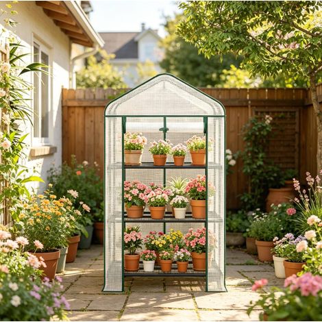 Invernadero de jardín con estantes y ruedas, puerta enrollable, 70 x 50 x 130 cm, blanco DESVIAE (1/4)