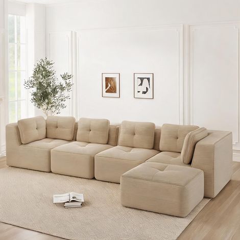 Sofa modulaire 4 places en velours côtelé beige avec coussins (1/5)