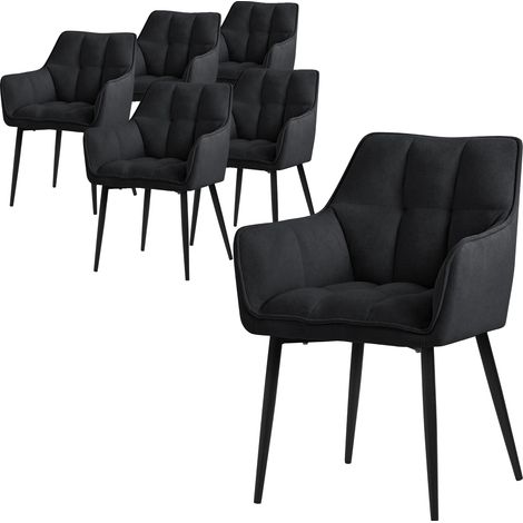 ML-Design Set 6 Sedie per Sala da Pranzo 63x57x90 cm Imbottitura in Spugna Nero con Schienale e Braccioli Telaio in Metallo Poltroncina Confortevole Ergonomica per Cucina Salotto o Soggiorno