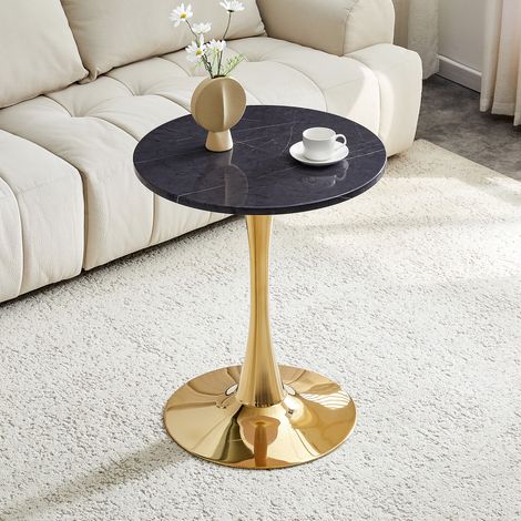 Table ronde 60cm, petite table à manger en MDF : plateau imitation marbre noir par thermoformage de haute qualité, piètement doré – idéale pour salons européens.