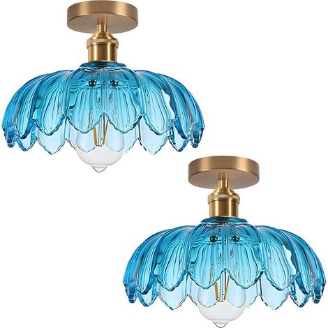 2PCS Plafonnier En Verre Lampe De Plafond En Cristal Plafonnier Rétro Lustre Moderne E27 Pour Couloir Cuisine Salle À Manger Bleu (1/5)