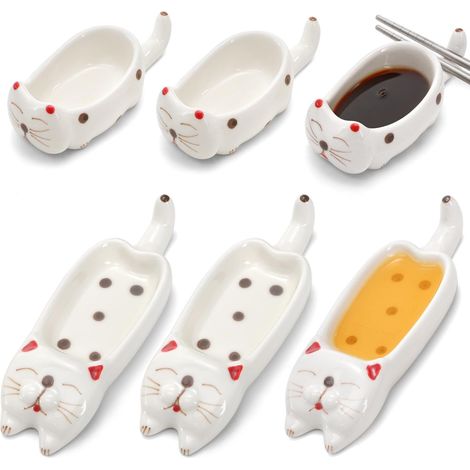 Ensemble de 6 jolies cassettes à sauce de soja, de petites cassettes à sauce en céramique et de mini-cuvettes de sushi en forme de chat avec porte-baguettes, adaptées aux ustensiles de cuisine japonai (1/5)