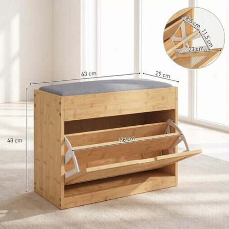 Banc à chaussures en bambou pour l'entrée, banc de rangement avec coussin d'assise, porte en rotin et étagère réglable en hauteur (1/5)