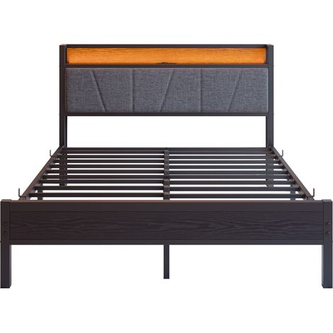 Lit 140x200 cm plateforme en métal noir avec LED, tête de lit de rangement, ports USB et prise, silencieux, sans sommier pour chambre adulte – CHICFURN (1/5)