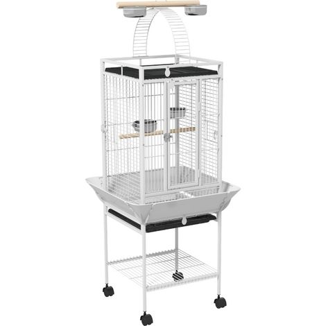 Volière pour oiseaux avec 3 portes, 4 gamelles, 2 perchoirs, échelle courbée, base à roulettes freinées, 62,5 x 62,5 x 156 cm, blanc  CHICFURN (1/5)