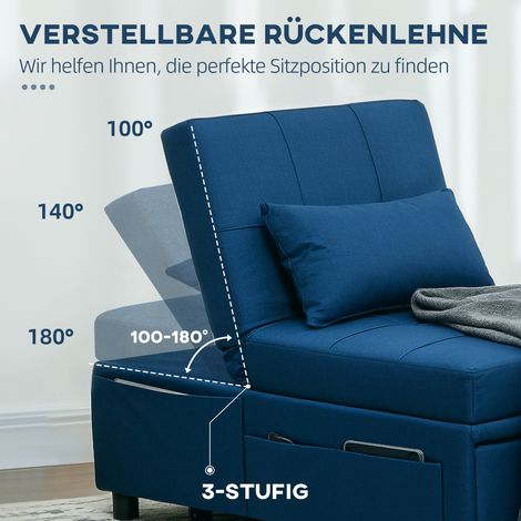 Fauteuil-lit 3-en-1 pliable avec poche latérale, lit de repos incluant coussin, dossier ajustable, chaise-lit sur roulettes, bleu