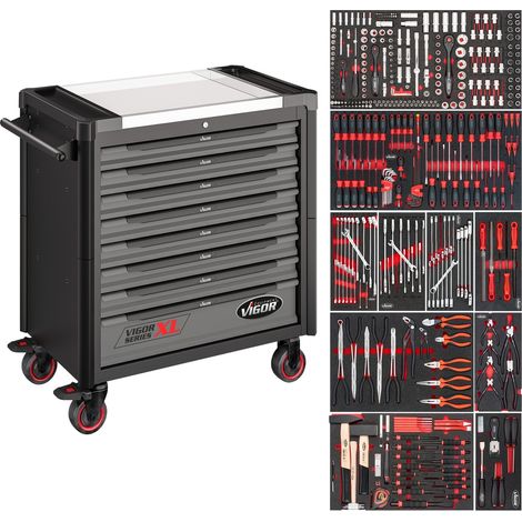 VIGOR Werkstattwagen Series XXL, Edelstahl-Arbeitsplatte, mit Sortiment, 416-tlg. (1/2)
