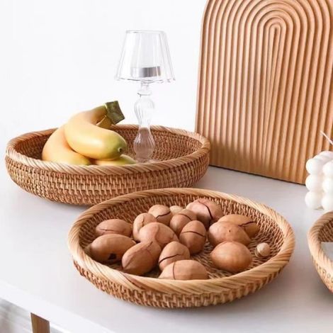 3 pièces Panier de Rangement Rond en Rotin, Corbeille de Fruits en Osier, Organisateur Tressé Naturel pour Cuisine / Salle à Manger (1/4)