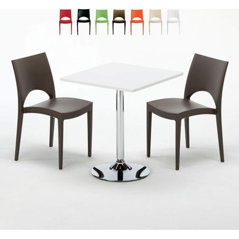 Table Carrée Blanche 70x70cm Avec 2 Chaises Colorées Grand Soleil Set Intérieur Bar Café Paris Cocktail - Marron (1/5)