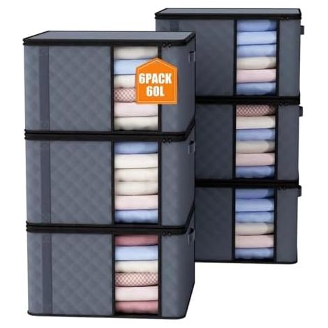 6 Stück 60L Aufbewahrungstasche, Aufbewahrungsbox mit Deckel, Große Kleideraufbewahrung Umzugskartons, Faltbare Aufbewahrung Boxen für Bettdecken Decken Kleidung Unterbett Kleiderschrank
