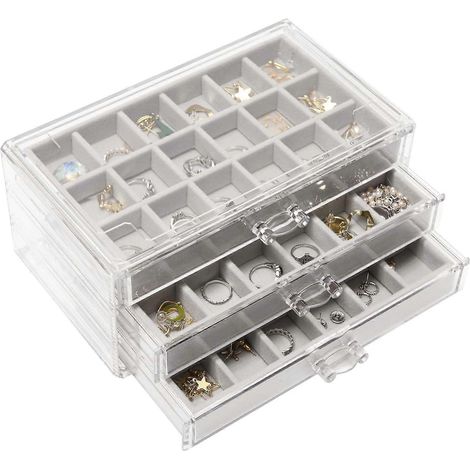 Boîte à bijoux en acrylique pour femme avec 3 tiroirs, boîte de rangement ajustable pour bagues, boucles d'oreilles et colliers, empilable (1/5)