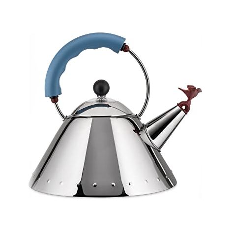 Alessi 9093 Bollitore Con Manico E Fischietto A Uccellino Di Design In Acciaio Inox, Azzurro,‎ 21.59 x 21.59 x 22.86 cm, 270 grammi (1/4)