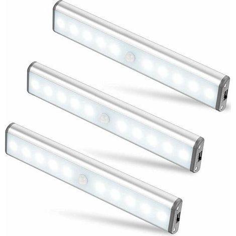 Lot de 3 Lampes 10 LED, Sans Fil, Rechargeable par USB, Aimanté, Détecteur de Mouvement, 2 Modes d’Éclairage, Portable. Lumière de Placard, Baladeuse de Secours, Veilleuse Enfant, Appoint … [Classe én (1/4)