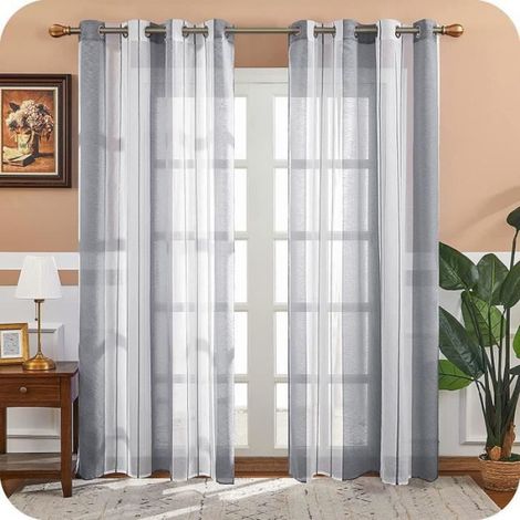 2 Pièces de Rideaux Voilage Blanc et Gris 140x225 cm Fils Teints Rayé à Oeillets Rideau Tamisant Grande Hauteur Élégant pour (1/3)