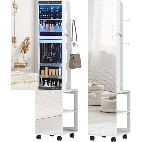 Armadio Portagioie con Specchiera Girevole a 360°, Luce LED Regolabile, Serratura e Ripiani, 37x40x165.5 cm, Nero
