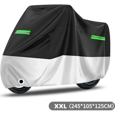 Waterproof Motorcycle Cover, Oxford Cloth, Dustproof, Rainproof, Snowproof, UV Resistant, Windproof, Sunproof, Bird Droppings Resistant, 245x105x125cm, Black+Silver, Green Reflective Strips (1/4)