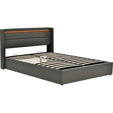 Cama con canapé 160x200 cm en PU gris con LED y mando a distancia - HOMVRA (1/5)