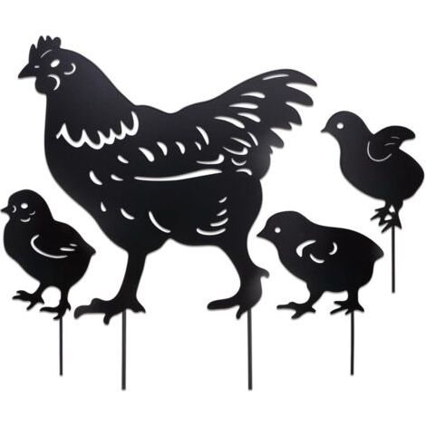 royaluxe-Lot de 4 statues décoratives de jardin en métal représentant des poules et des poussins, silhouettes distinctes, décoration de jardin creuse noire, idéale pour les pelouses et les jardins.