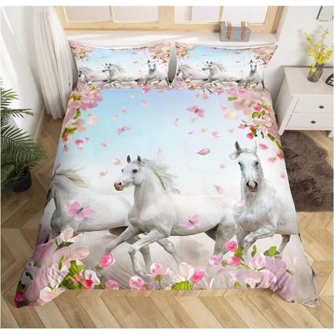 Cheval Parure de Lit 200x200cm Parure de cheval au galop blanc Housse de Couette Fleur de cerisier rose Floral 3D décoration - VX0 (1/3)