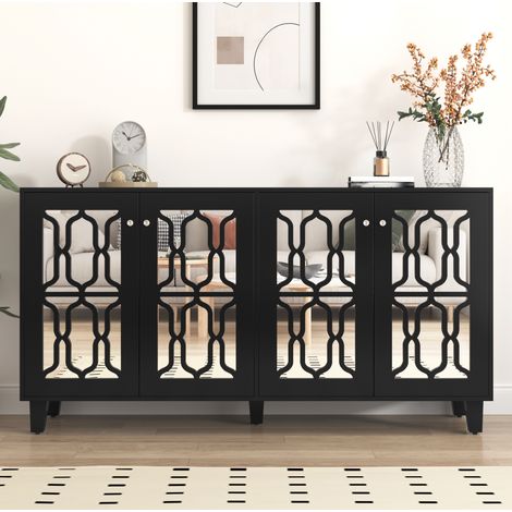 MEUBLIV Buffet 160x40x84 cm noir – 4 portes, étagères amovibles, style miroir (1/5)