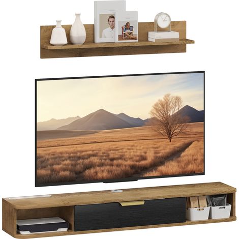 HOMCOM conjunto de muebles de salón, muebles de tv con estante de pared, puerta, estantes abiertos, orificios para cables, 120x24x16 cm, roble