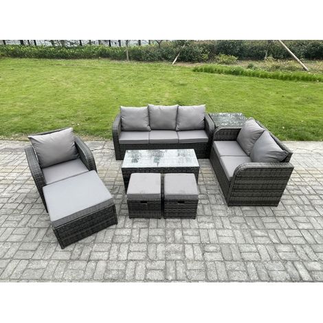 Fimous 9 places Dossier haut Salon de jardin avec Canapé d'amour Table basse rectangulaire Table d'appoint 3 Tabourets Ensemble de canapés en rotin Gris foncé mixte (1/5)