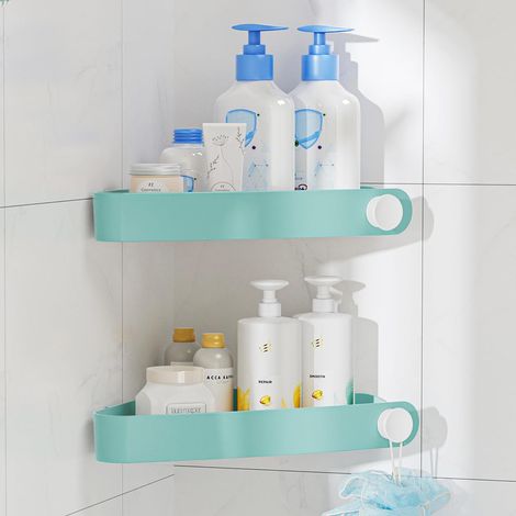 Lot de 2 étagères de douche sans perçage, plastique, rangement salle de bain, porte-savon, adhésif, turquoise