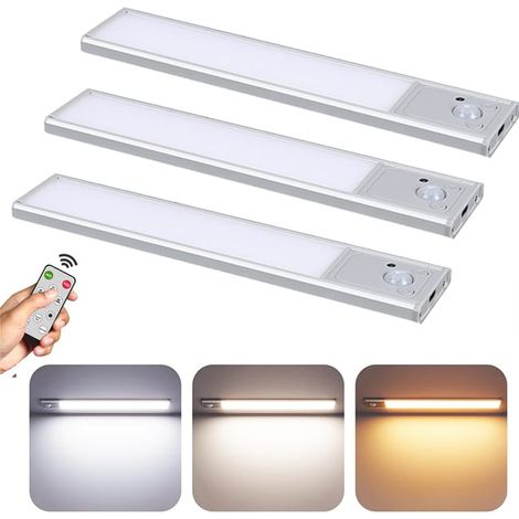 Lot de 3 lampes sous-meuble avec télécommande et capteur de mouvement, lampe de placard rechargeable à intensité variable de 30 cm, 3 couleurs