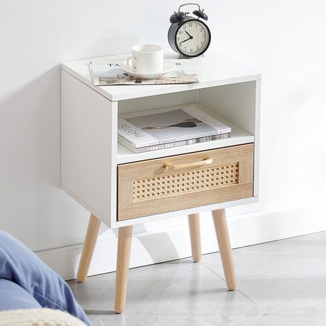 Mesita de noche MDF blanca y natural con frontal efecto ratán, patas de madera maciza y cajón (1/5)
