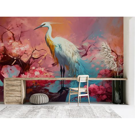 Papier peint animaux heron blanc au coeur de branches rouges - 150 x 250 cm (1/2)