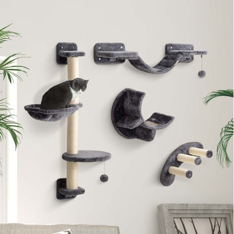 Arbre à chat mural en polyester gris foncé, set 4 pièces avec hamac et pont, griffer, grimper et se reposer,30x30x96cm (1/5)