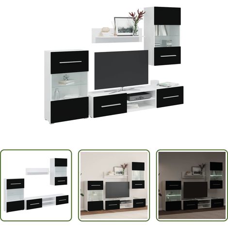 Meubles muraux - Meubles TV avec lumière LED 5 pcs noir mat bois d'ingénierie (1/5)